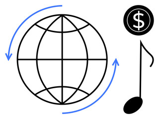 Globe with arrows depicts worldwide flow, dollar indicates market value, and musical note symbolizes music. Ideal for global trade, music industry, economy trends, creativity, entertainment, cultural