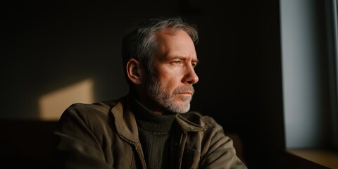 Obraz premium Pensive mature caucasian male gazing out the window in thoughtful reflection