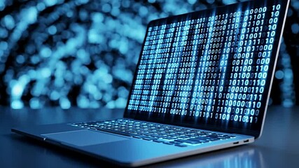 Binary code on laptop screen for data science and machine learning technology concept - Powered by Adobe