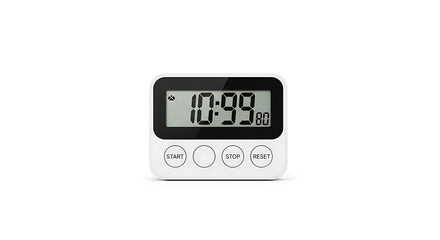 A digital kitchen timer with a white casing displaying ten minutes and ninety nine seconds on the screen ai generated