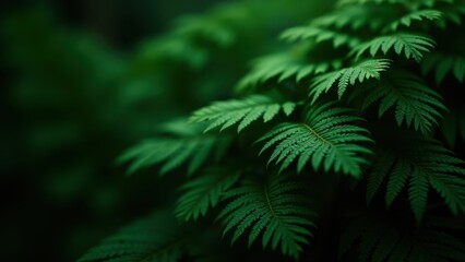 Delicate fern leaves branching in soft focus with intricate textures against dark blurred foliage, concept of nature serenity, botanical decor, wellness background