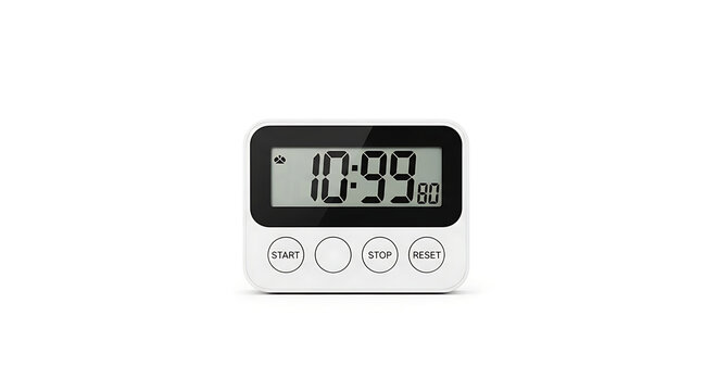 A digital kitchen timer with a white casing displaying ten minutes and ninety nine seconds on the screen ai generated