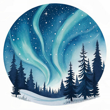 Vibrant watercolor depiction of northern lights over a winter landscape featuring pine trees and a night sky