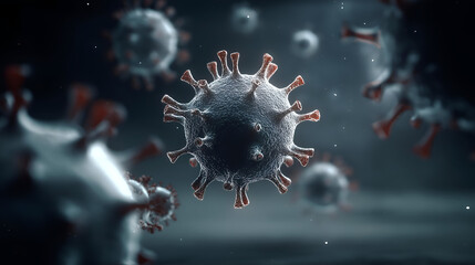 Detailed microscopic view of a virus, illustrating its complex structure and potential impact on health.