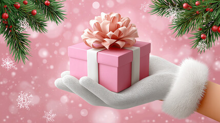 Warm and festive banner with Santa holding a wrapped gift box, surrounded by Christmas decorations and blank area for marketing message