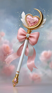 Fantasy-style magical wand with a crescent moon and shimmering pink crystal centerpiece. Surrounded by glowing particles, silky ribbons, and golden touches &mdash; creating a bright and cute kawaii atmosphe