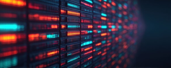 Breaking News Banner, Data center with illuminated server racks in a dark environment.