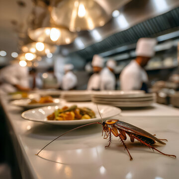 A cockroach on a kitchen counter in a busy restaurant, highlighting hygiene concerns in food preparation.