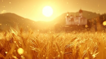Golden hour rural brewery estate tourism landscape, vast wheat fields swaying in wind