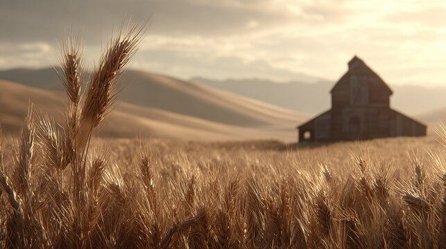 Golden hour rural brewery estate tourism landscape, vast wheat fields swaying in wind