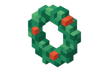Christmas pixel art wreath with red berries, isometric style digital decoration, retro 8-bit holiday design on transparent background