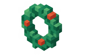 Christmas pixel art wreath with red berries, isometric style digital decoration, retro 8-bit holiday design on transparent background