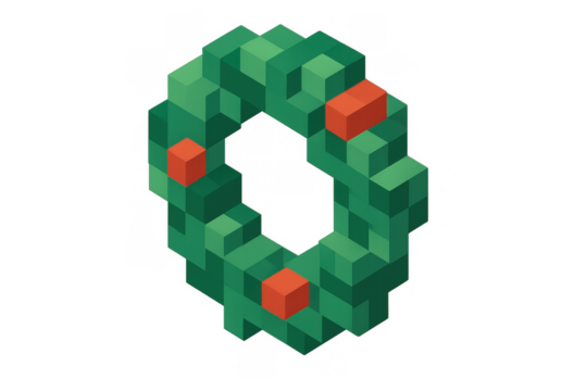 Christmas pixel art wreath with red berries, isometric style digital decoration, retro 8-bit holiday design on transparent background