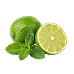 Whole and halved green lime, with fresh mint leaves, isolated on white or transparent background. PNG