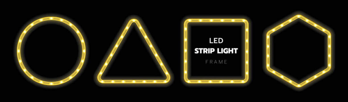 LED strip light frame set. Decorative ring tape lamp sign. Glowing LED neon flex yellow color border on black background for marketing promotions, cards, invitations, banners, tags, etc.