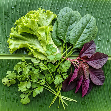fresh organic lettuce spinach coriander and red amaranth
