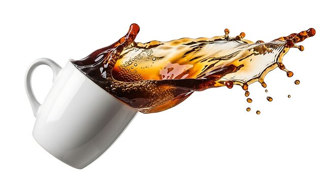 A white mug tipping over, spilling dark coffee in a dynamic splash against a white background. - Powered by Adobe