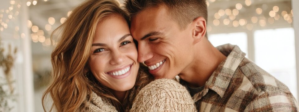 In a softly lit studio, a couple embraces closely, their smiles radiating happiness. The warm natural light enhances their love as they share an intimate moment filled with joy and closeness