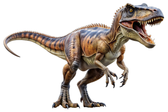 Realistic Allosaurus dinosaur with open mouth and sharp teeth prehistoric, cutout, PNG isolated on white or transparent background