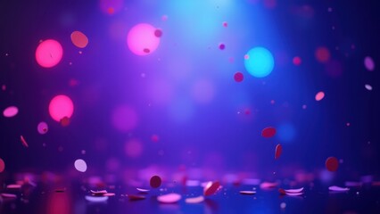Pink purple confetti pieces floating downward over reflective surface under vibrant bokeh lights with copyspace, concept of party celebration, nightclub decor, festive event