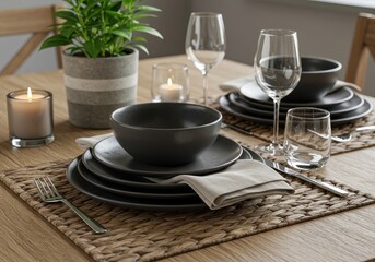 Dining setting features dark ceramic tableware and ambient candlelight on a wooden surface