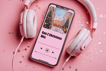 Smartphone displaying Gen Z Christmas Hits playlist on pink background