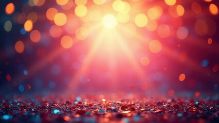 Bright central light beam shining over scattered colorful confetti on dark floor under warm bokeh glow with copyspace, concept of stage performance, award show, festive spotlight