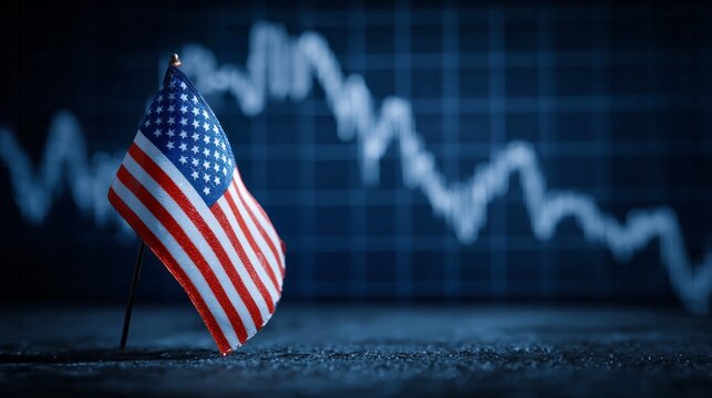 Small national flag stands against a backdrop of a sharply declining financial chart.