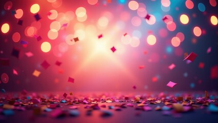 Bright central light beam shining over scattered colorful confetti on dark floor under warm bokeh glow with copyspace, concept of stage performance, award show, festive spotlight
