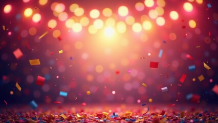 Bright central light beam shining over scattered colorful confetti on dark floor under warm bokeh glow with copyspace, concept of stage performance, award show, festive spotlight