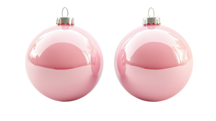 Two shiny pink oval christmas ornaments isolated on transparent background