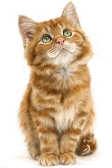 Obraz premium Ginger tabby kitten with green eyes looking up, sitting on white background, cute domestic animal illustration