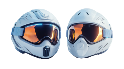 Two white futuristic helmets with orange goggles isolated on transparent background