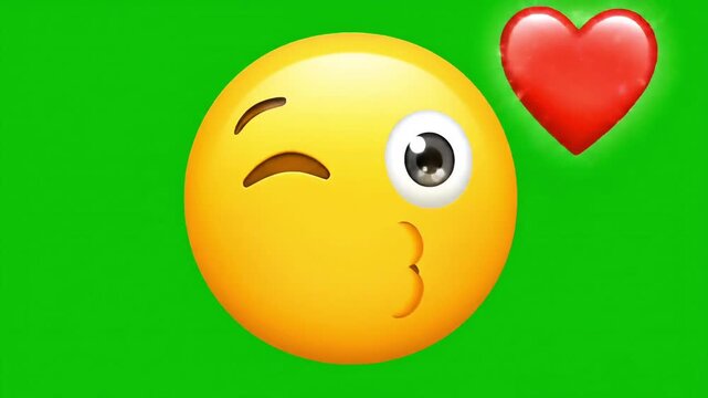 Whimsical yellow emoji puckers lips with a red heart, conveying affection and playful romance.