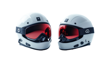 Two white racing helmets with red visors isolated on transparent background