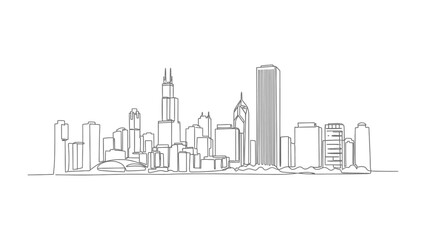 Naklejka premium City Skyline: A captivating minimalist line drawing presents a dynamic urban landscape, showcasing the sleek silhouettes of modern architectural marvels. This illustration speaks of human ambition.