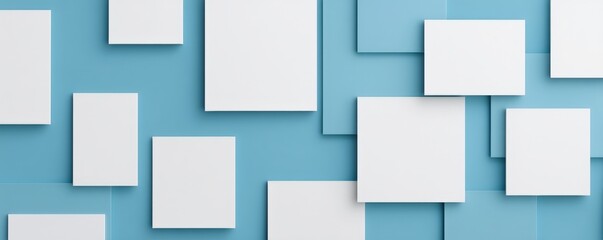 Breaking News Banner, Blank frames on a blue wall create a minimalist display.