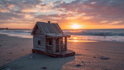 Miniature Cabin on the Sandy Shoreline, Bathed in Warm, Orange Sunset Light.
