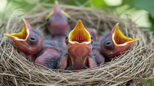 Closeup of Natures Nest with Baby Birds Eagerly Waiting for Wildlife Feeding
