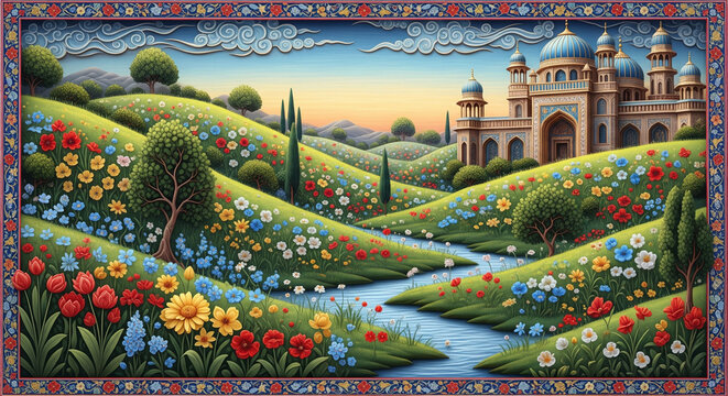 Mughal-Inspired 3D Mural of Blooming Wildflowers &ndash; Soft Pastel Gradients and Refined Floral Aesthetic. Wildflower Bloom in Mughal 3D Art