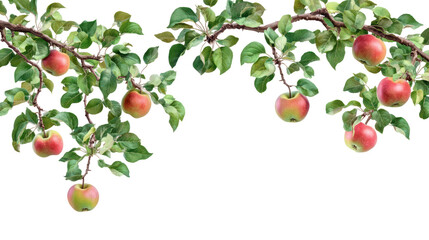Ripe red apples hanging from a leafy branch isolated on transparent background