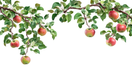 Ripe red apples hanging from a leafy branch isolated on transparent background