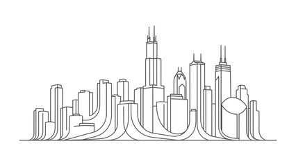 Fototapeta premium Cityscape Silhouette: An evocative monochromatic silhouette of a bustling cityscape showcases the distinct profiles of various buildings.