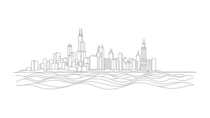 Fototapeta premium Cityscape Silhouette: A minimalist line drawing captures the essence of a modern urban skyline. The artwork showcases the impressive architecture, reflecting the dynamic spirit of city life. 