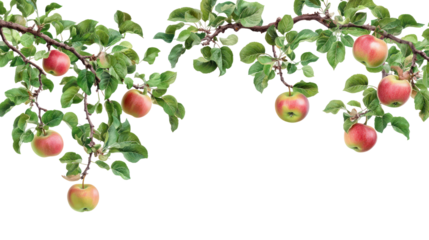 Ripe red apples hanging from a tree branch isolated on transparent background