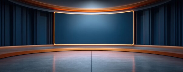 Breaking News Banner, Modern studio backdrop with illuminated edges and a blank screen.