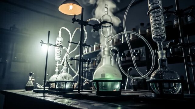 Intricate Chemical Experiment Setup in a Dark, Smoky Science Laboratory