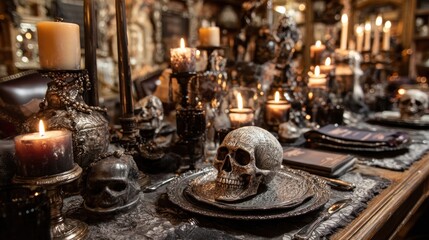 Halloween themed table setup, spooky festive decorations, high detail