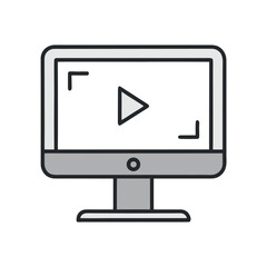 Desktop Computer Video Player Icon, Minimal Monitor with Play Button, Vector Outline on White Background