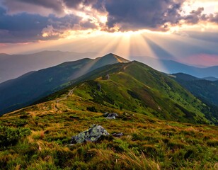 Sunlit Mountain Peak - A Majestic Landscape at Sunset.
